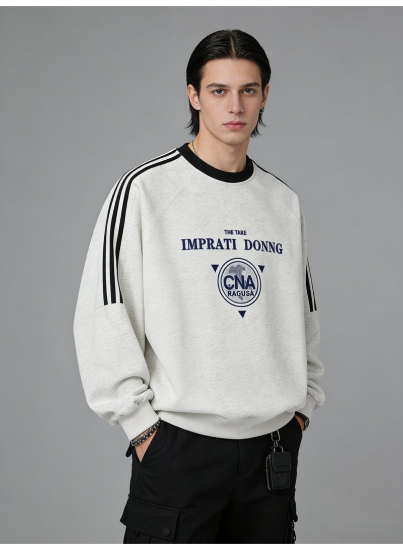 Heather White "IMPRATI DONNG" Vintage Logo Oversized Crew Neck Sweatshirt | Striped Sleeve Pullover With "CNA RAGUSA" Print - Image 4